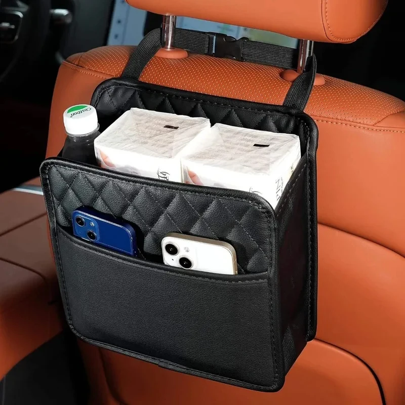 Universal Car Seat Back Organizer Waterproof Leather Multifunctional Hanging Storage Bag Foldable with Large Garbage Bin