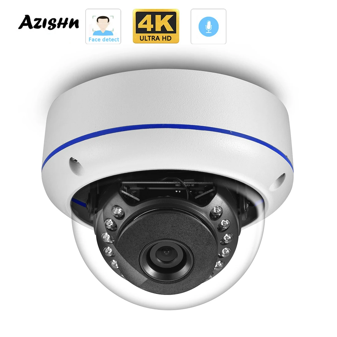 AZISHN 2.8mm Wide Angle Vandalproof 8MP 4K IP Camera Dome Metal Face Detect Audio H.265+  5MP 4MP POE Human AI CCTV Security Cam