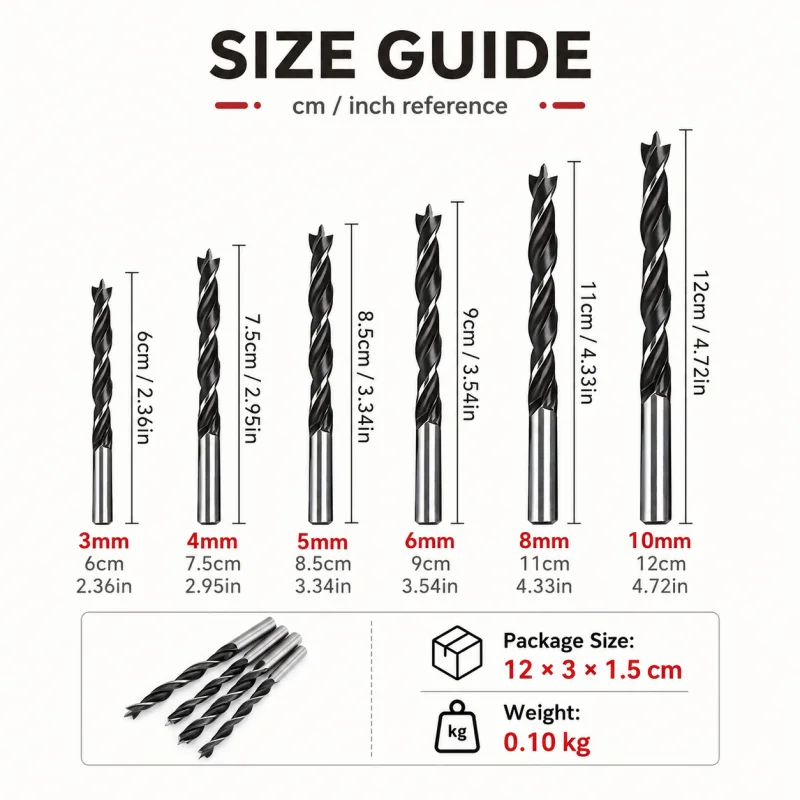 6Pcs Brad Point Wood Drill Bit Set 3‑10mm High Carbon Steel Sharp Twist Drill Bits for Woodworking DIY Furniture Drilling Tools