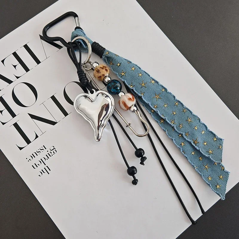 

Creative Large Peach Heart Water Drop Ribbon Beaded Pin Keychain Pendant Creative Denim Braided Rope Fashion Bag Charms ﻿