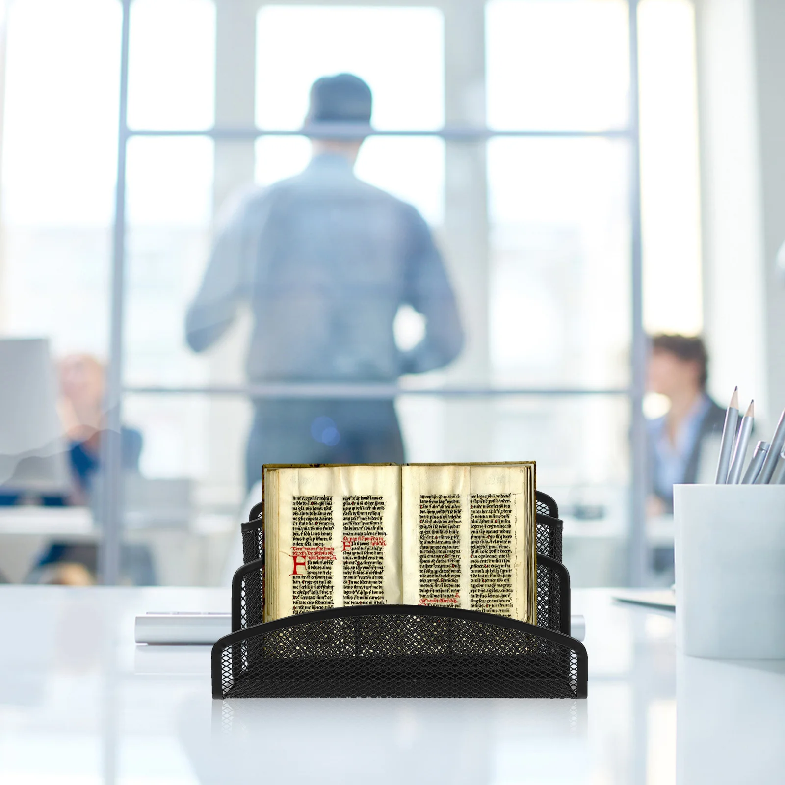 Desktop Iron Mesh File Organizer Two Sections Three Pen Holders Black Office Desk Storage Rack File Organizer Desktop Storage