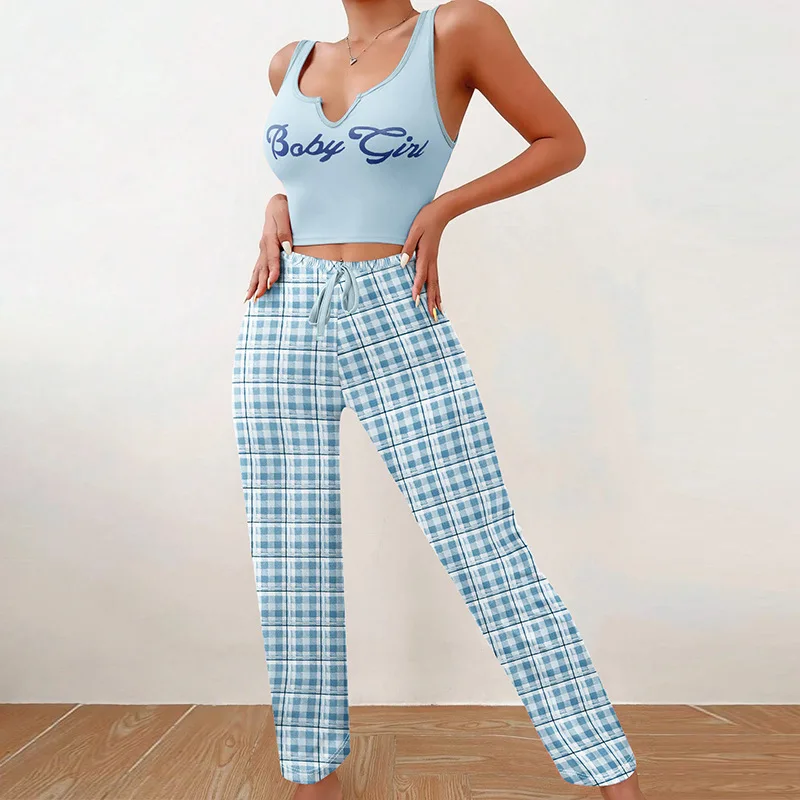 Women's Sleepwear Pajamas Set Letter Print Cami Tops Nightwear 2 Pieces Soft Comfortable Homewear Checkered Printed Pajama Pants