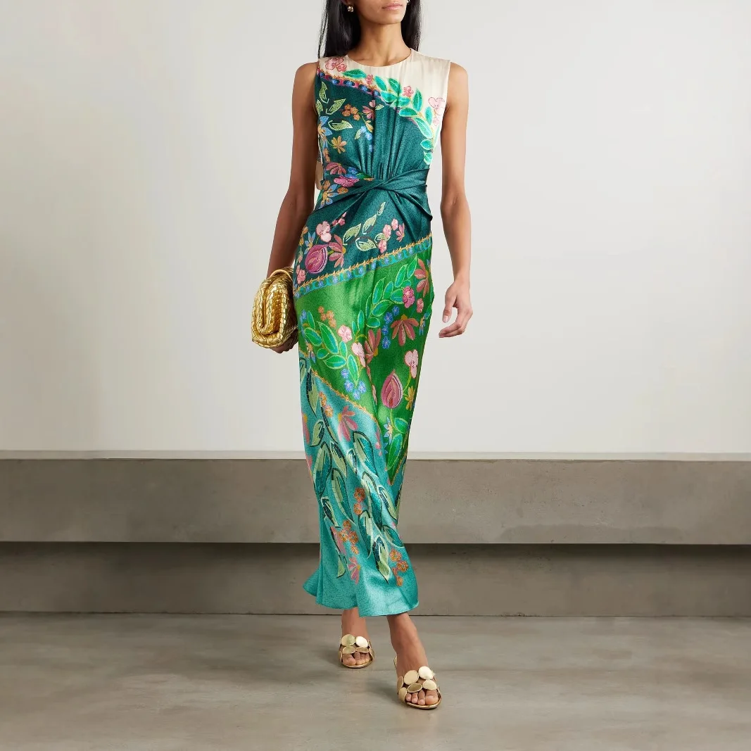 

Fashion Flower Print Sleeveless Long Dresses Women Fresh Retro Style Satin Kink Backless Slim Dress Lady Commuting Vestidos 2025