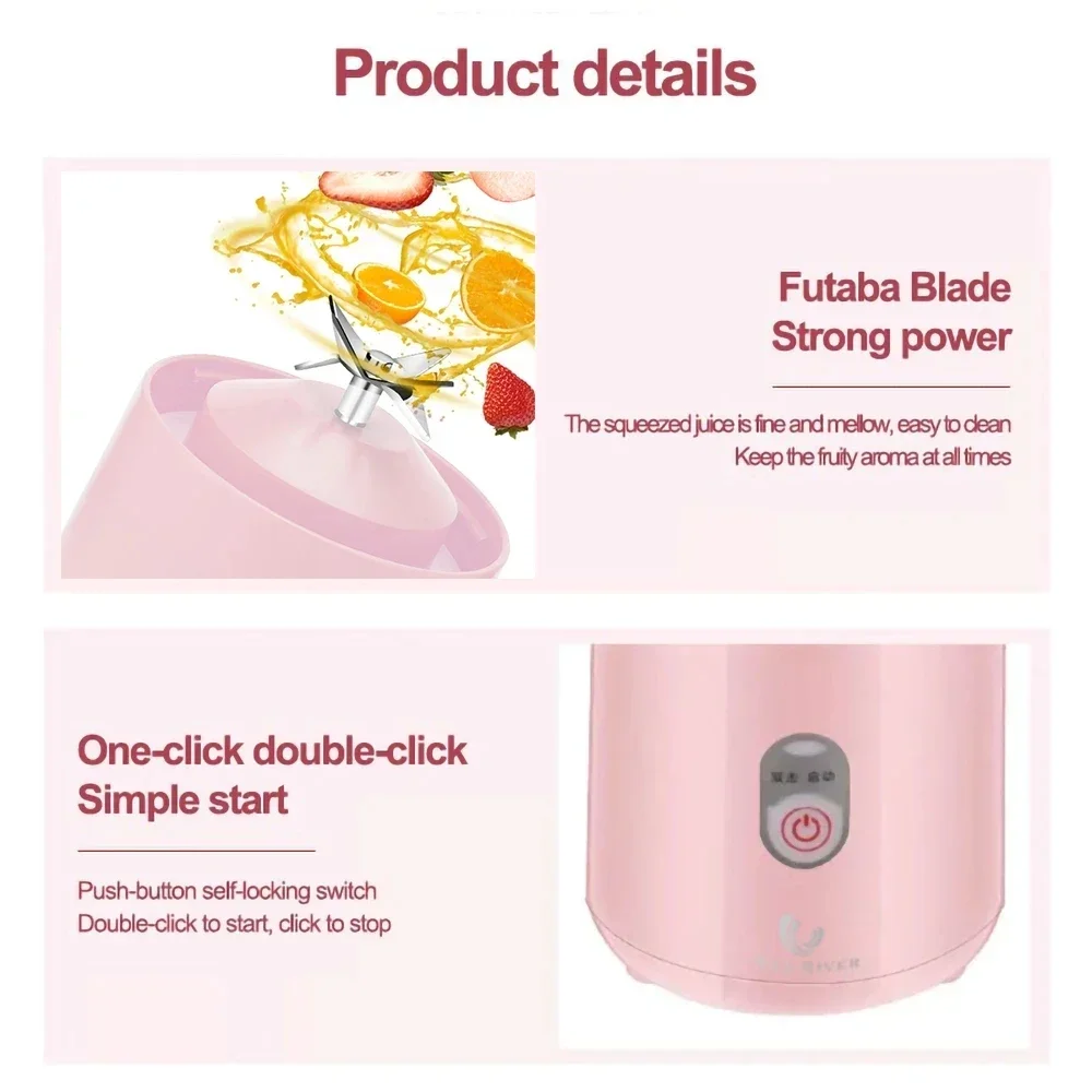 Xiaomi 500Ml Portable Blender 6 Blades Usb Rechargeable Fresh Fruit Juice Mixer Electric Shake Cup Cute Blender Smoothie Ice Cru