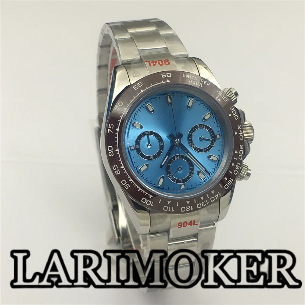 Larimoker 39mm relógio cronógrafo prata aço inoxidável para homem vk63 movimento de quartzo cristal safira mostrador azul