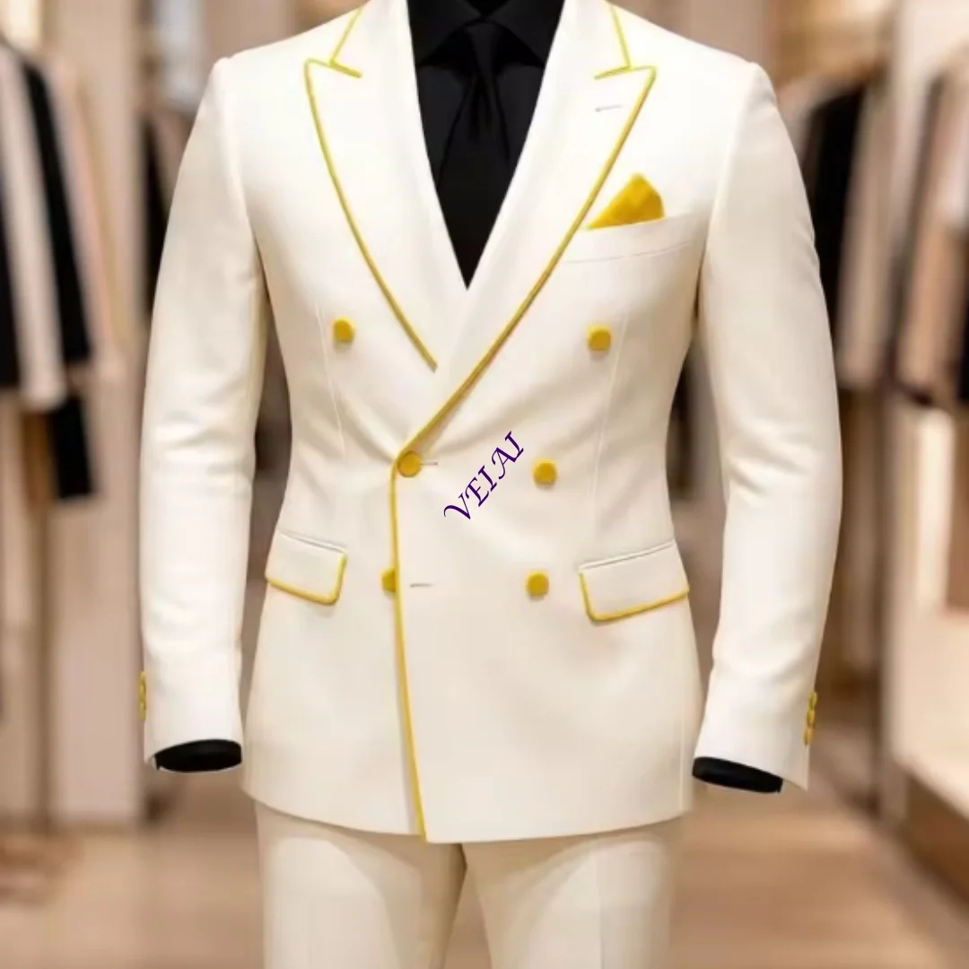 Mens White Double Breasted Suits 2 Piece Wedding Tuxedo Peak Lapel Contrast Black Piping Formal Groom Prom Office EvenCustomized