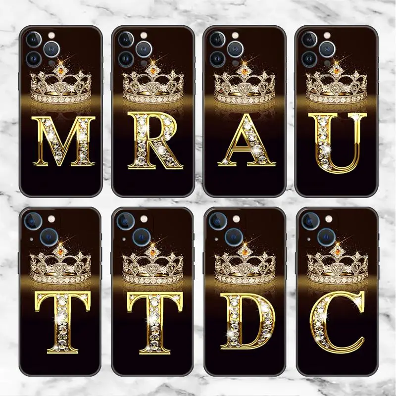 Letter Monogram Gold Marble Case For Apple iPhone 11 15 13 14 Pro Max 12 Plus X 15Pro Black Silicone Phone Coque