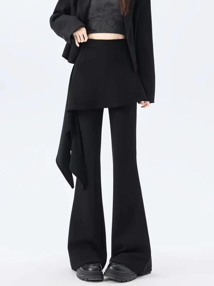 Women Black Goth Baggy Flare Pants with Skirt Vintage Y2k Pants Harajuku Japanese 2000s Style Trousers 2000s Emo Trashy Clothes