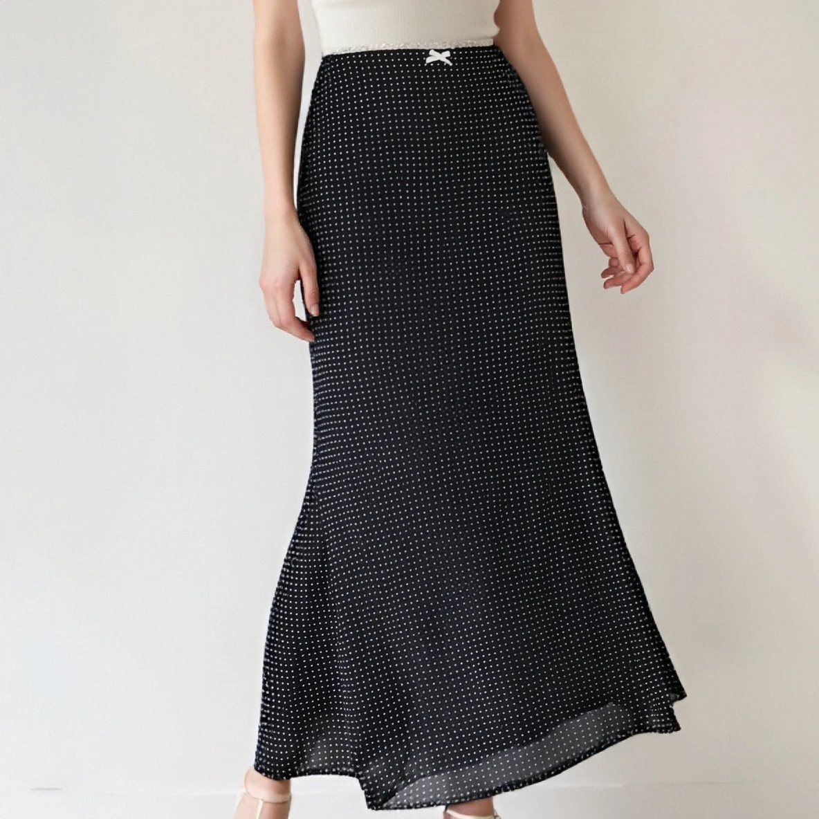 

Vintage Women Long Skirt Summer Dot Print Low Waist Lace Patchwork Bow Decor Going Out Skirts
