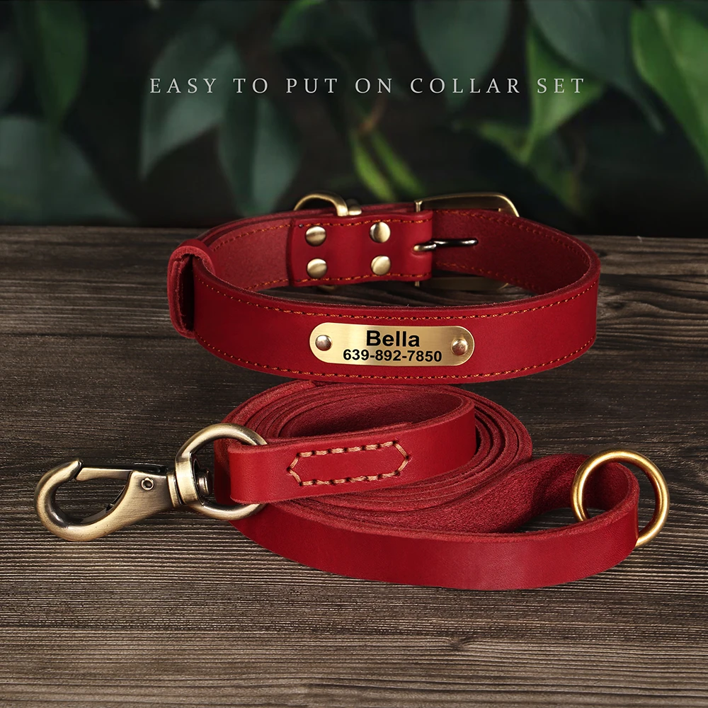 Real Leather Dog Collar Leash Set Personalized Pet Collar With Leash Free Engraving Nameplate For Small Medium Large Dogs