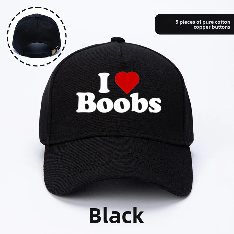 

I Love Heart Boobs Boobies Мужские летние кепки Бейсболка Женские теннисные шапки унисекс Повседневные шапки Козырьки Шляпы Металлическая регулируемая пряжка