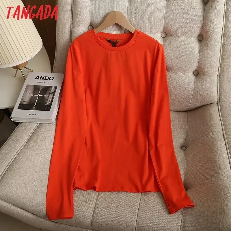 Tangada 2023 Women High Quality Solid Cotton T Shirt O Neck Plus Long Sleeve Fashion Female Top 6D187