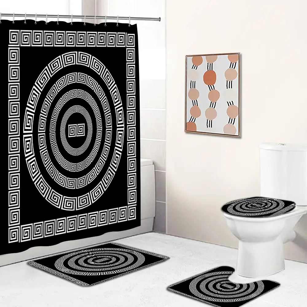 3D Luxury Black Gold Greek Key Meander Bathroom Curtains Shower Curtain Set for Bathroom Modern Geometric Ornate Bath Rug Decor