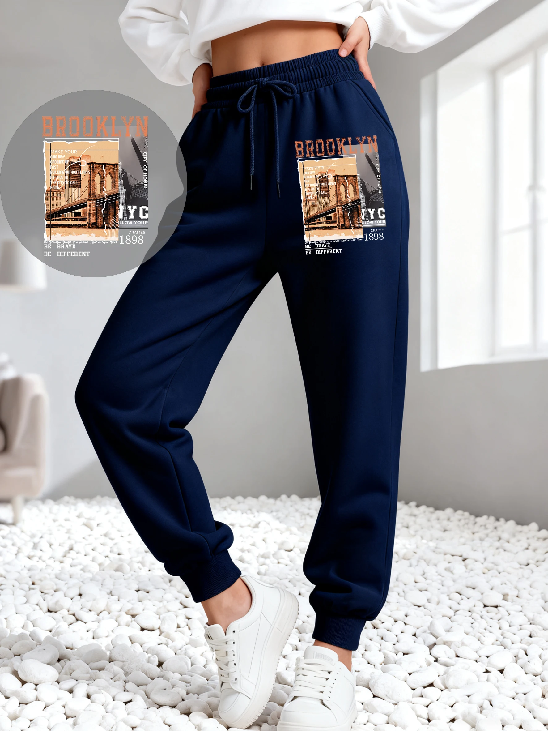 Brooklyn New York City Bridge Scenery Printing Women Pants Fleece Autumn Trousers Street Soft Y2K Jogging Pant Casual Sweatpants