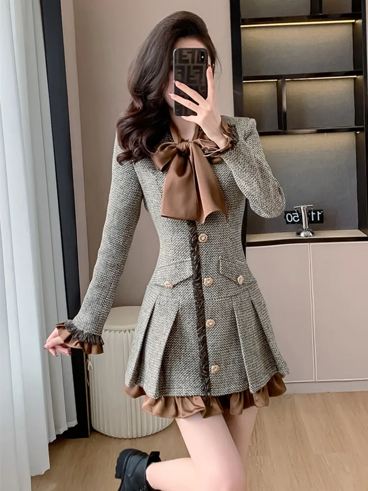 2024 Autumn Winter New Fashion Women Tweed Dress Long Sleeve Short Vestidos De Fiestas Elegante Mujer Robes Evening Party Dress