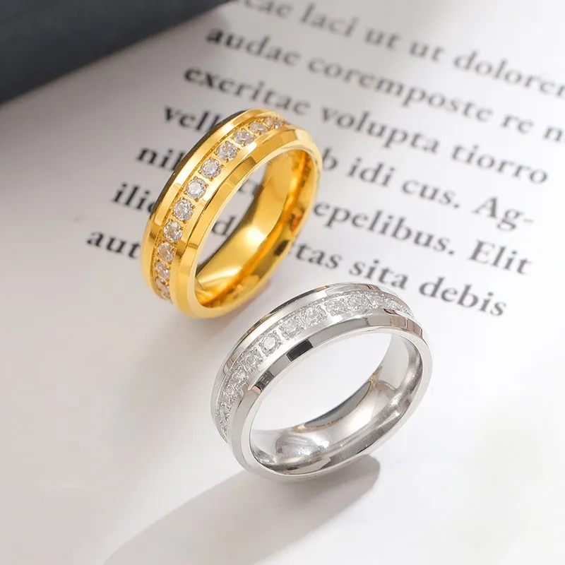 Anel de eternidade CZ com ranhura de aço inoxidável de 6 mm aliança de casamento para mulheres e homens tamanho 5-10