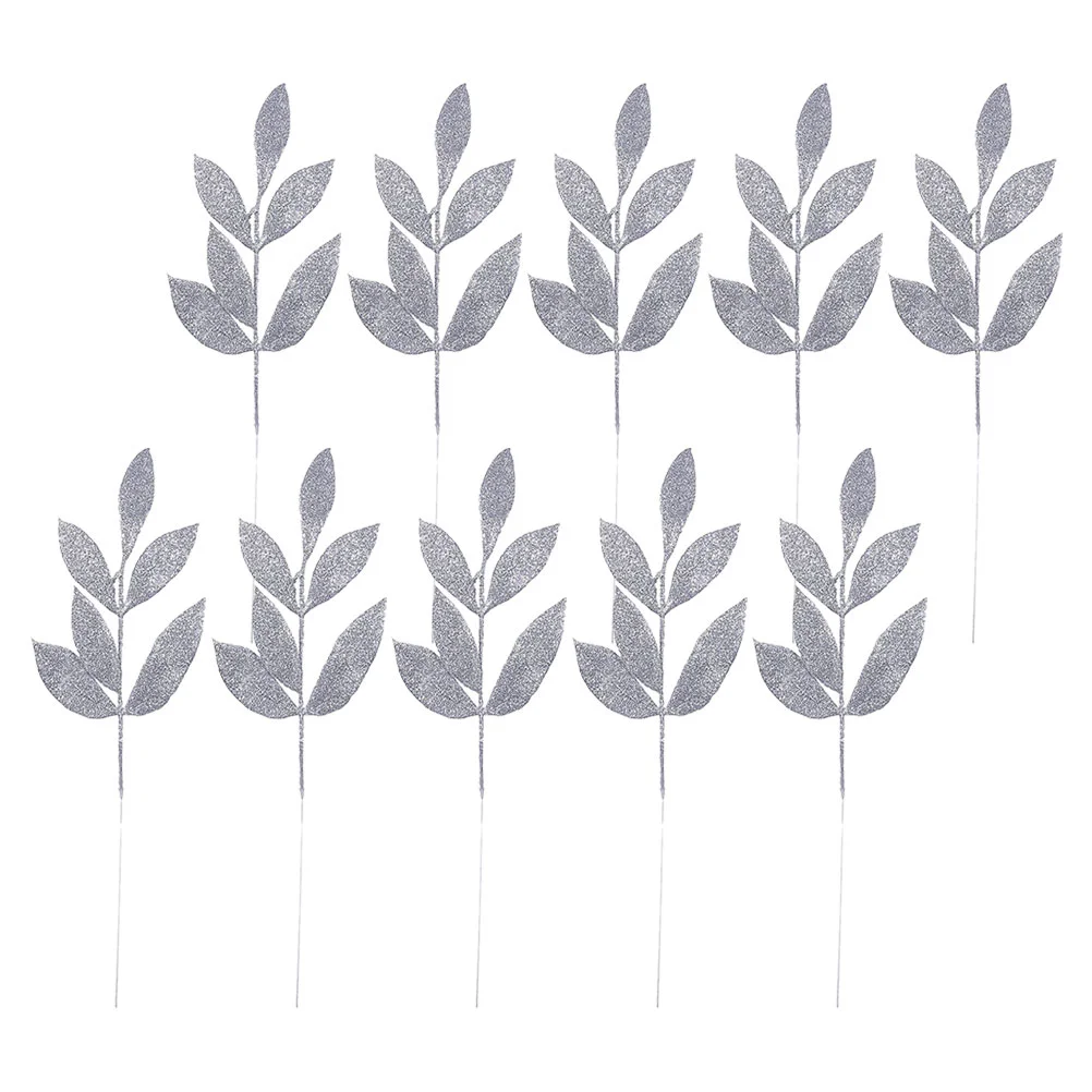 10 Uds. De guirnaldas de árbol de hojas doradas y rosas de Navidad, decoración de 10 Uds. (plateadas) de hojas para jarrón, decoraciones navideñas con purpurina de plástico para exteriores