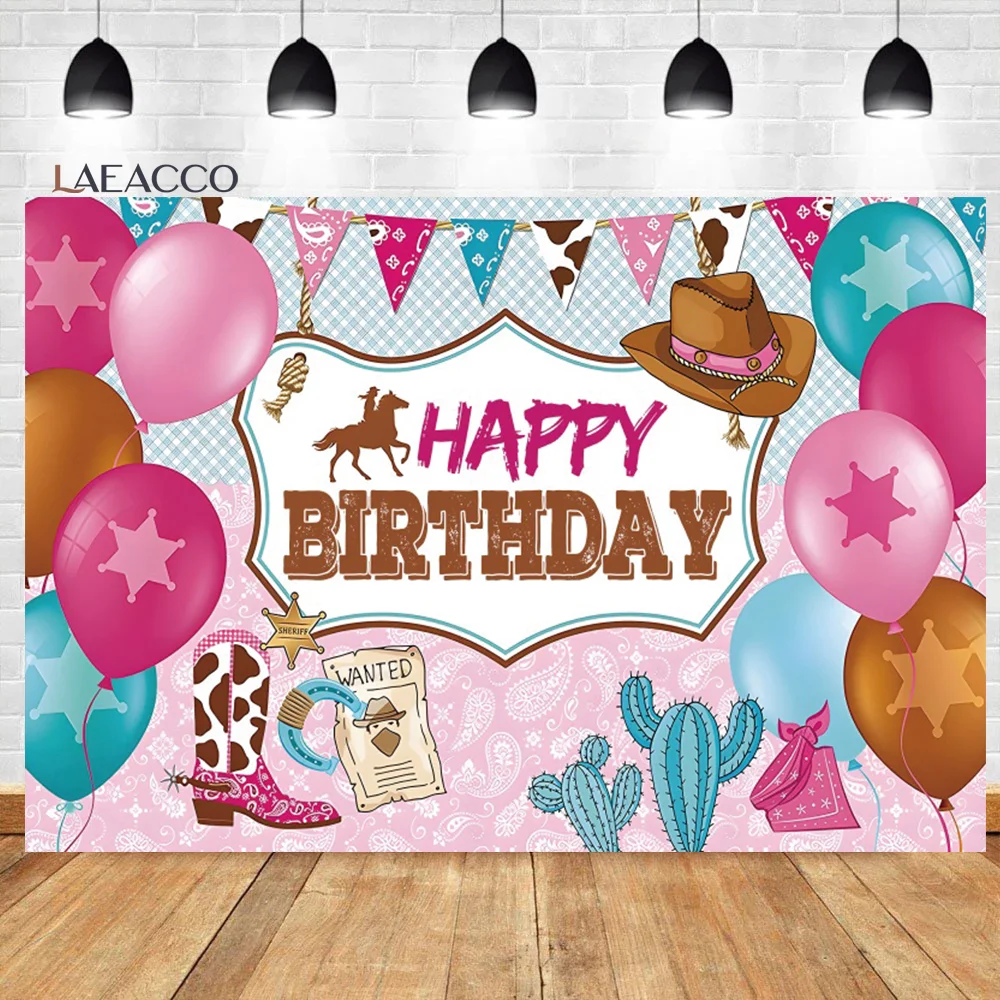 

Laeacco Cowboy Birthday Backdrop West Hat Riding Boots Horse Pink Ballons Cowgirl Kid Portrait Customized Photography Background