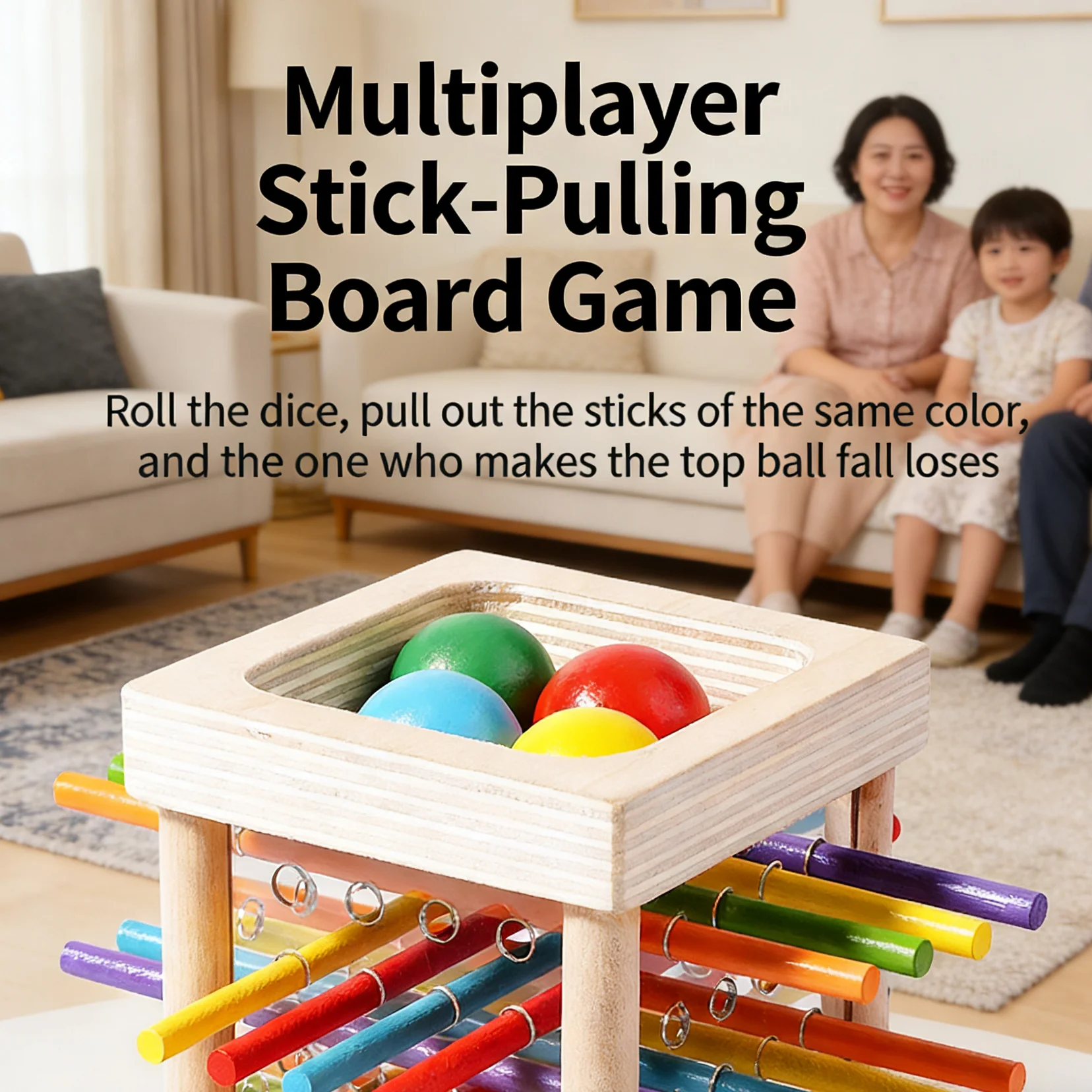 Wooden Stick Pulling Toy Colorful Stick Game with Dice Balls Toddlers Crack-Resistant Wood Smooth Polished Safe Play Skill Build