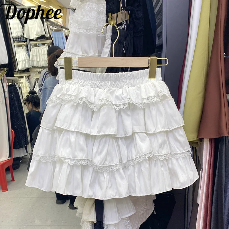 Dophee Original White Cake Skirt Women New Spring Summer Cute A-line Puffly Skirt All-match Elastic Waist Mini Princess Skirts