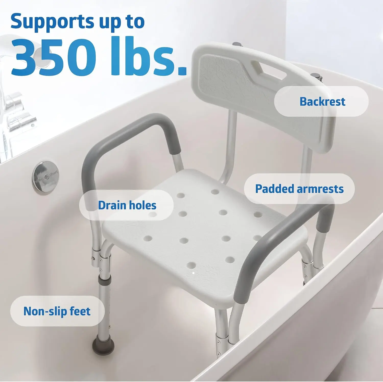 Shower Chair with Backrest and Padded Armrests - 350 lb. capacity, Bath Bench, Seat, Stool for Independent Adult, Seniors, Elderly & Disabled Patients view 5