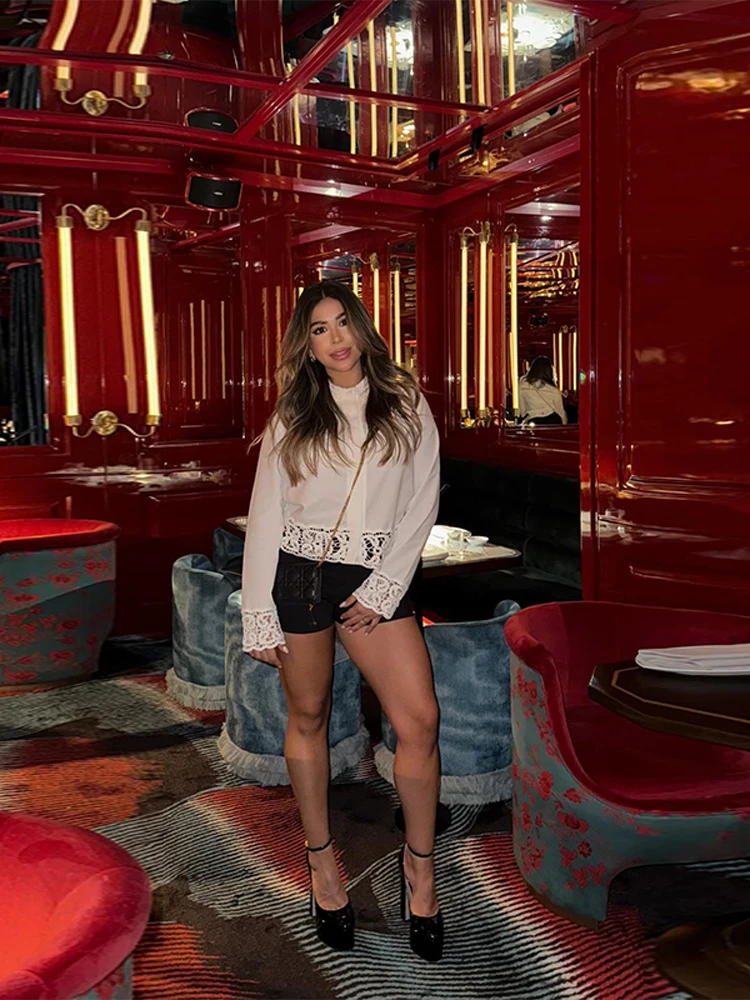 Embriodery レースショーツセット綿ブラウスシャツスーツ女性ラペルヴィンテージ中空アウトトップスオフィスレディースブラウス 2 枚セット