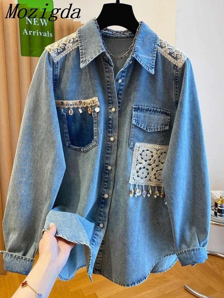 

Свободная джинсовая рубашка с кружевными плечами в стиле пэчворк, женская весенняя новая стильная повседневная рубашка на пуговицах с длинными рукавами