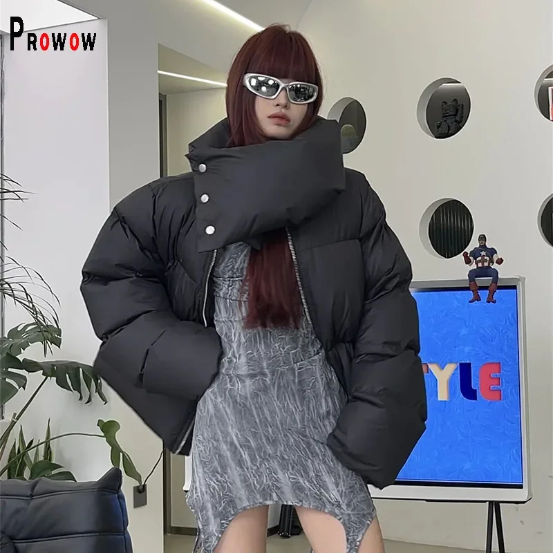 

Prowow Newest Design Women Parkas Thick Warm Scarf Winter Windproof Zipper Outerwear Fashion Trend Black Color Female Coat