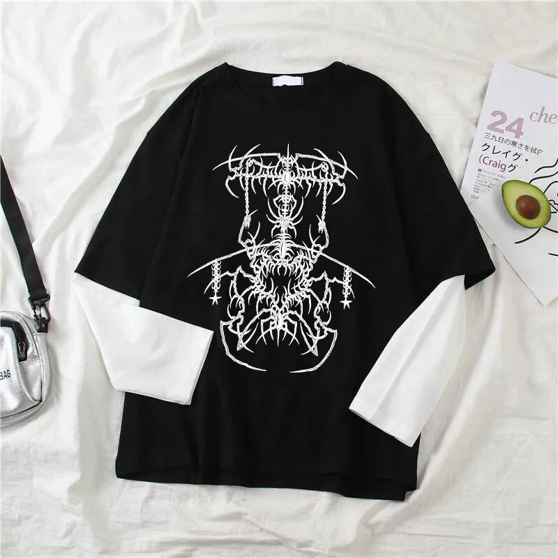 

Harajuku Creative Comic Pattern Printing Tee American Vintage Long Sleeve O-Neck Top Y2K Streetwear Punk Aesthetic Women T-shirt
