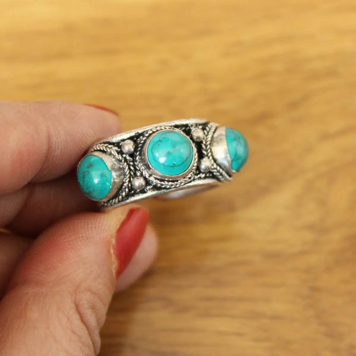 RG358 Tibetan Silver Metal Inlaid Three Turquoises Stone Beads Open Back Adjustable Ring