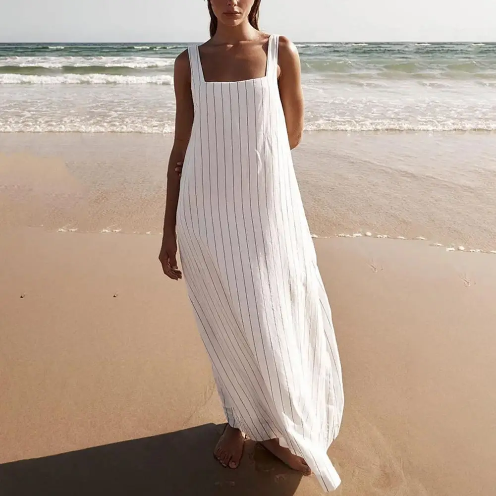 

Summer Women Sundress Sleeveless Striped Loose A-line Ankle Length Beach Maxi Dress Daily Wear Commute Dating Maxi Dress