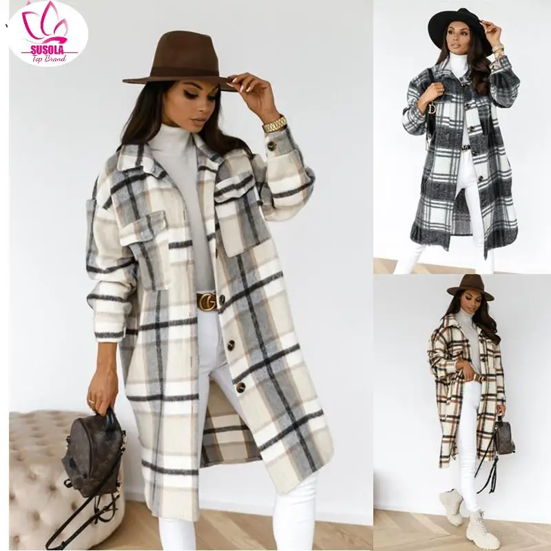 Lady Winter Checked Women Jacket Down Overcoat Warm Plaid Long Coat Oversize Thick Woolen Blends Retro Female Casual Streetwear