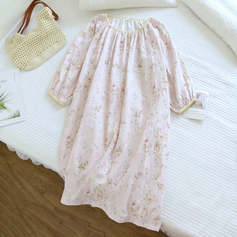 2026 New Spring/Summer Women's Sleeping Skirt 100% Cotton Gauze Long Sleeve Flower Thin Loose Sweet Soft Home Long Dress - view 3