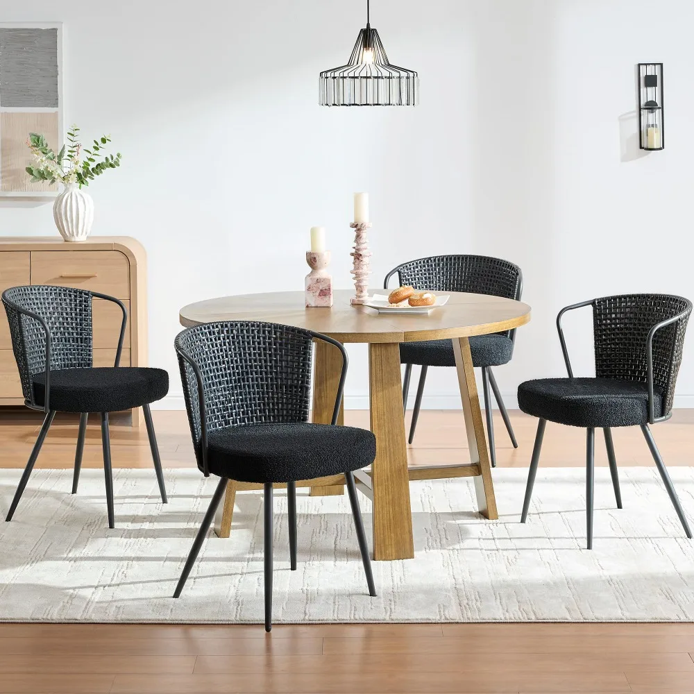 Rattan Dining Chairs Set of 4 - Farmhouse Upholstered PE Rattan Kitchen Chair with Boucle Cushion, Wingback Dining Room