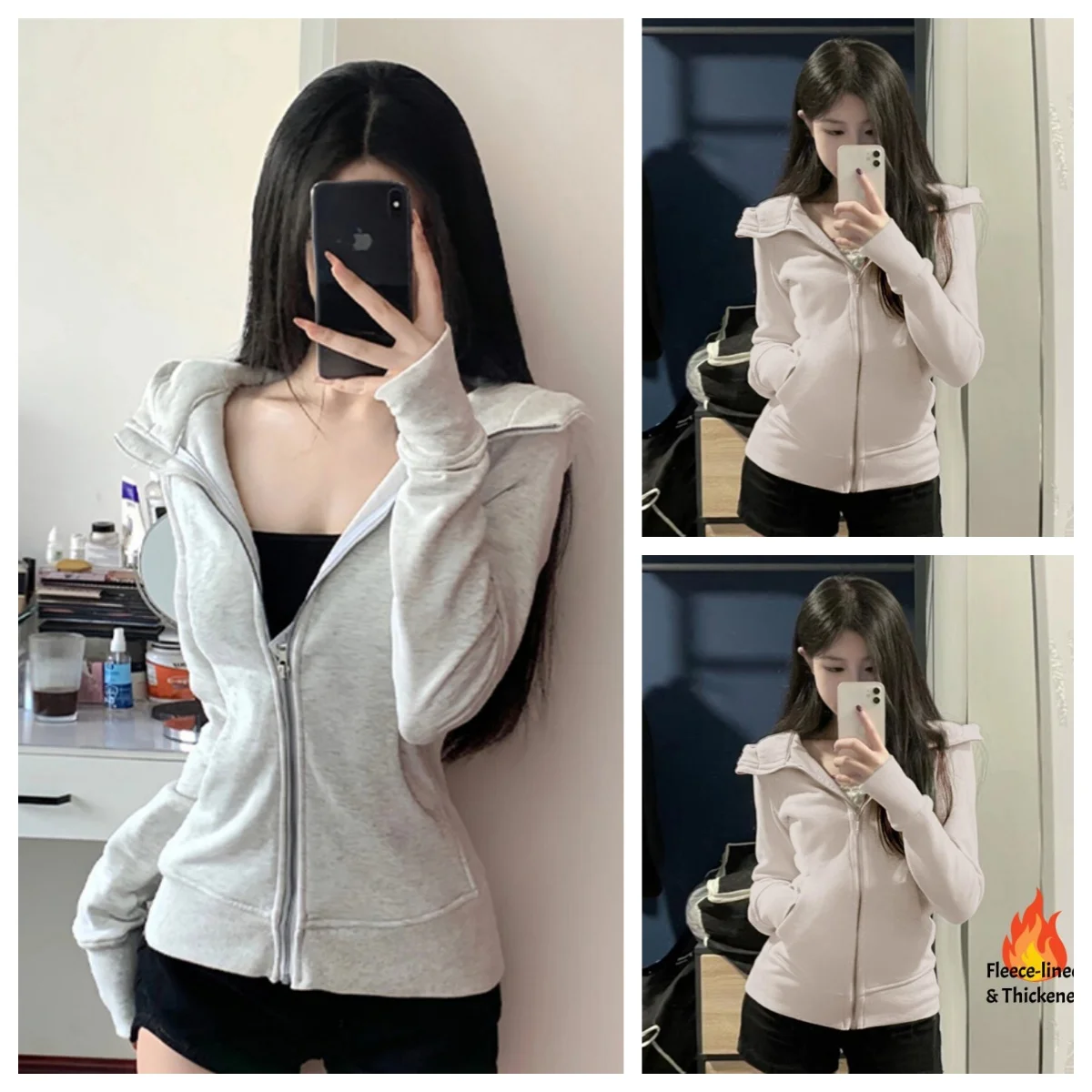 2025 Autumn New Women's Slim Fit Hooded Multi-color Jacket Waist Cinching Zipper Open Cardigan Sweatshirt with Finger Loops
