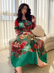 EGRM Miyake Pleated Original Printed Dress Women 2025 New Lapel Long Sleeved Belt Design Sense Thin Temperament Dresses 6R1305