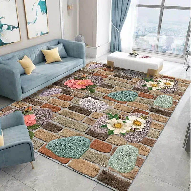 3D Geometric Living Room Carpet Stone Flower Home Bedroom Sofa Coffee Table Kitchen Rugs Non Slip Hotel Office Floor Mat Decor