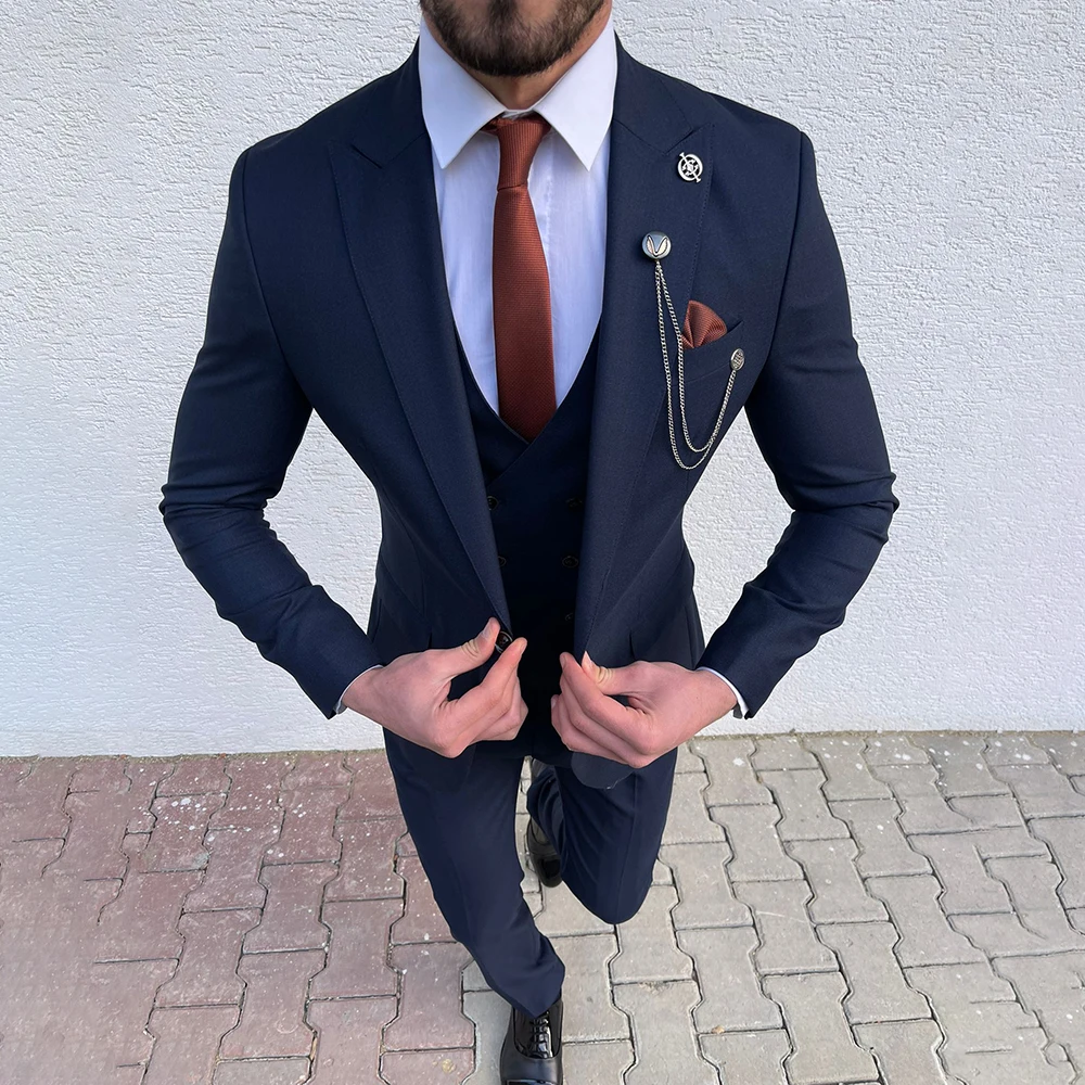 

Suits For Men Navy Blue Slim Fit Groom Wedding Peaked Lapel Tuxedo 3 Piece Jacket Vest Pants Set Male Formal Business Blazer