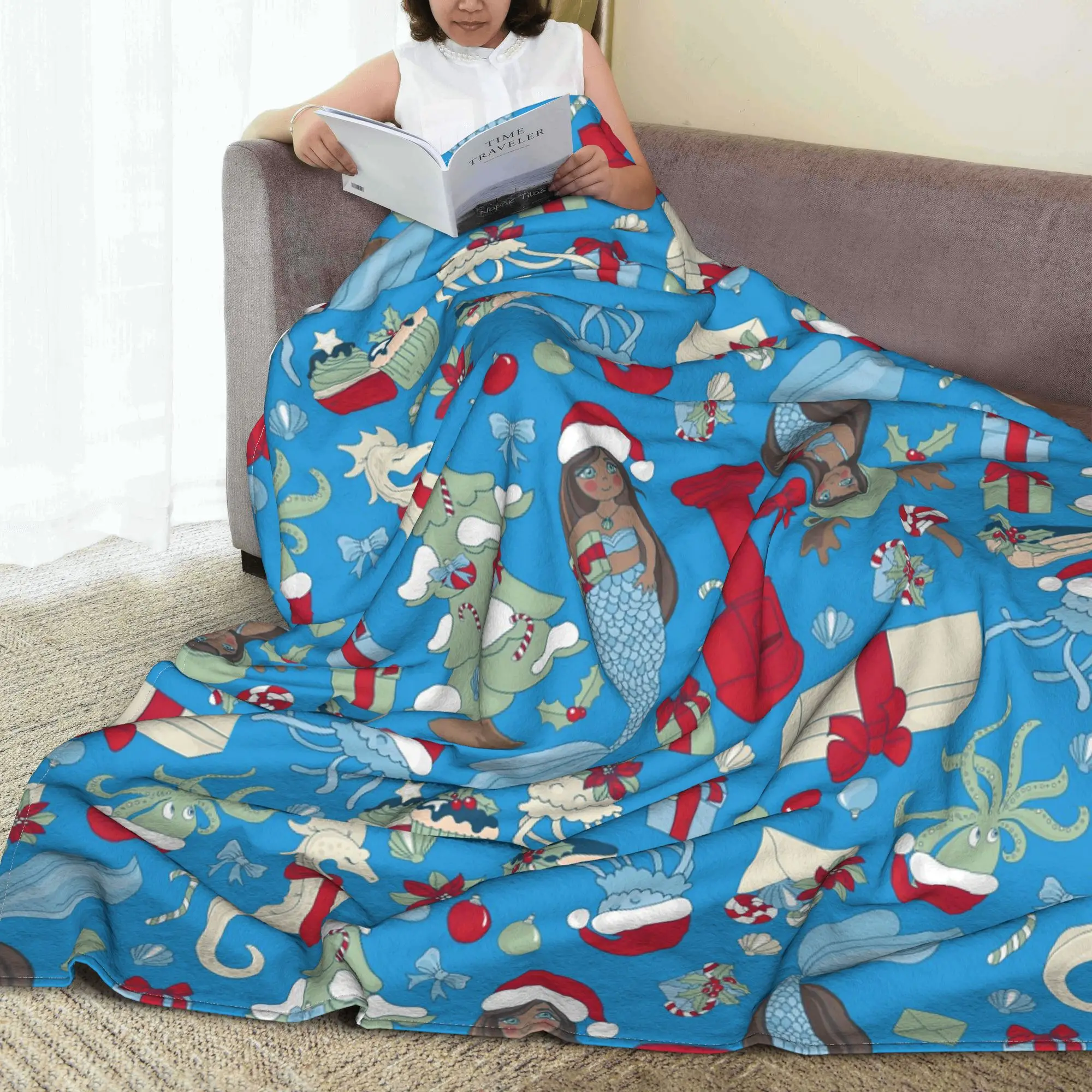 ocean christmas black mermaid seahorse jellyfish octopus Blankets Super Soft Fleece Sofa Throw Blanket for Home Bedroom Travel