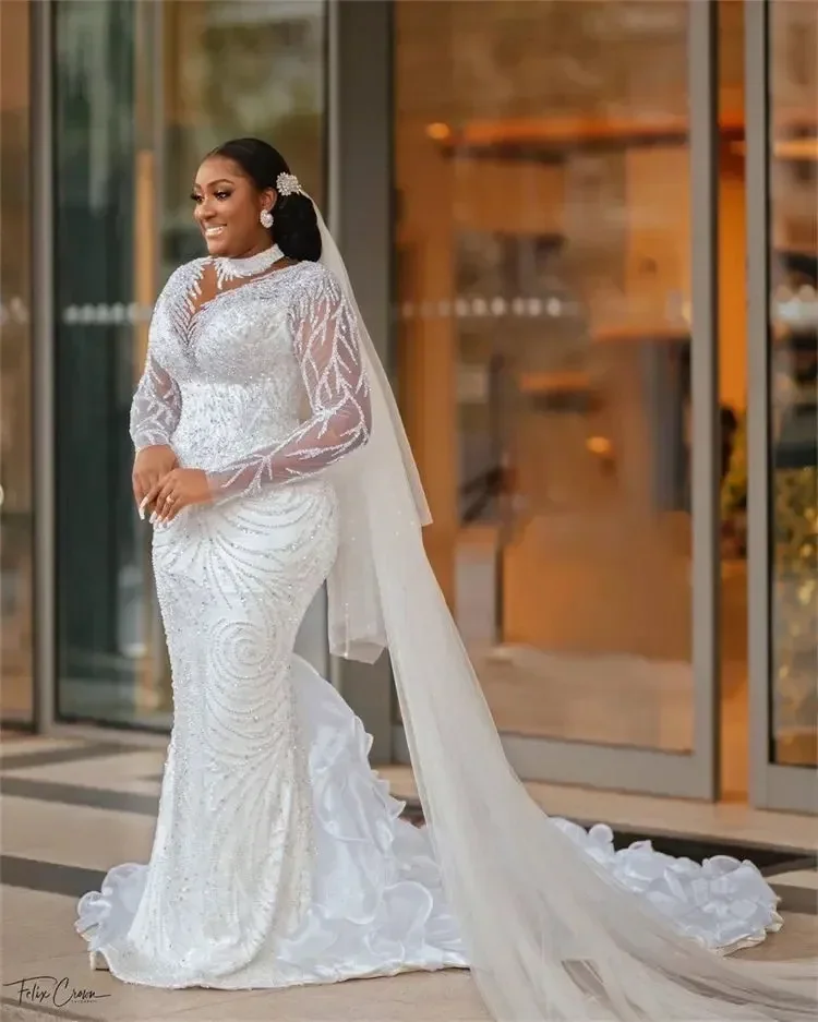 Grande taille arabe col transparent sirène robe De mariée Sexy manches longues dentelle perlée robes De mariée robes De Novia sur mesure