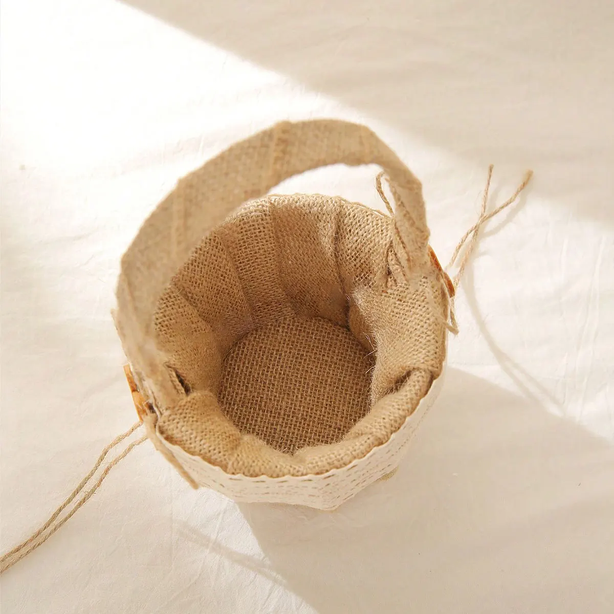 Vintage Forest-Style Linen Lace Wedding Set: Flower Girl Basket + Heart-Shaped Wooden Sign Ring Pillow, Wedding Ceremony Supplies