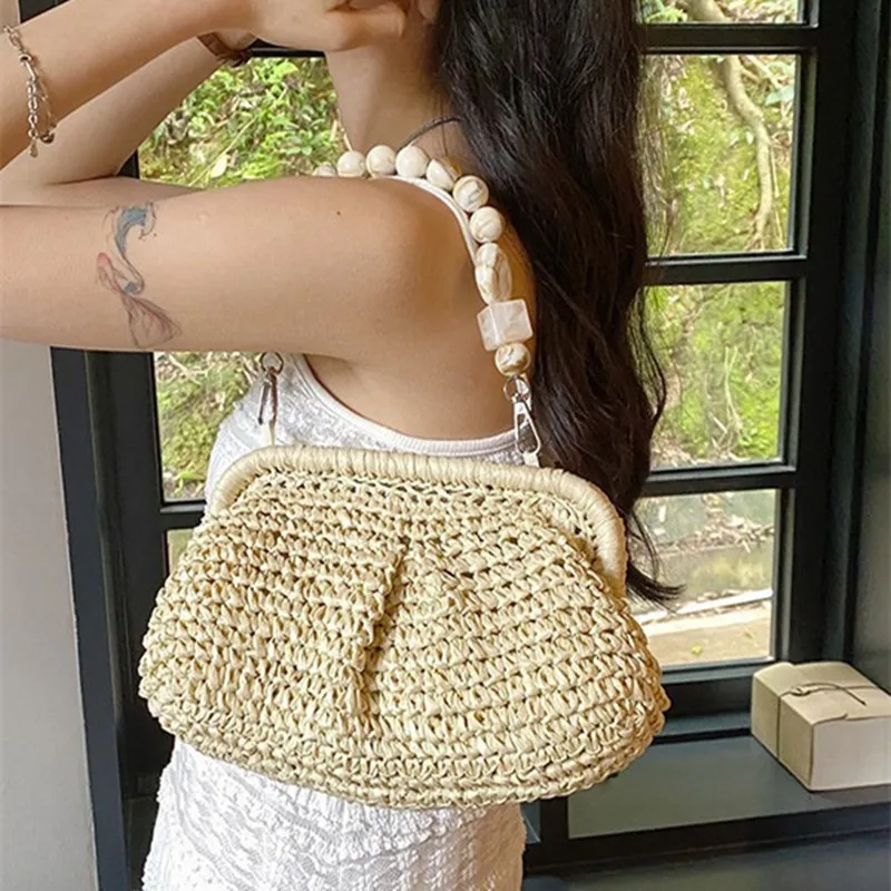 

2025 Fashion Brand Luxury Handmade Summer Straw Weaving Handbags Retro Bead Chain Shell Bags Designer Hand-Woven Beach Bag