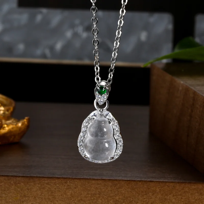 Natural dangerous material Blue Jade gourd Fu Lu pendant necklace female s925 silver new