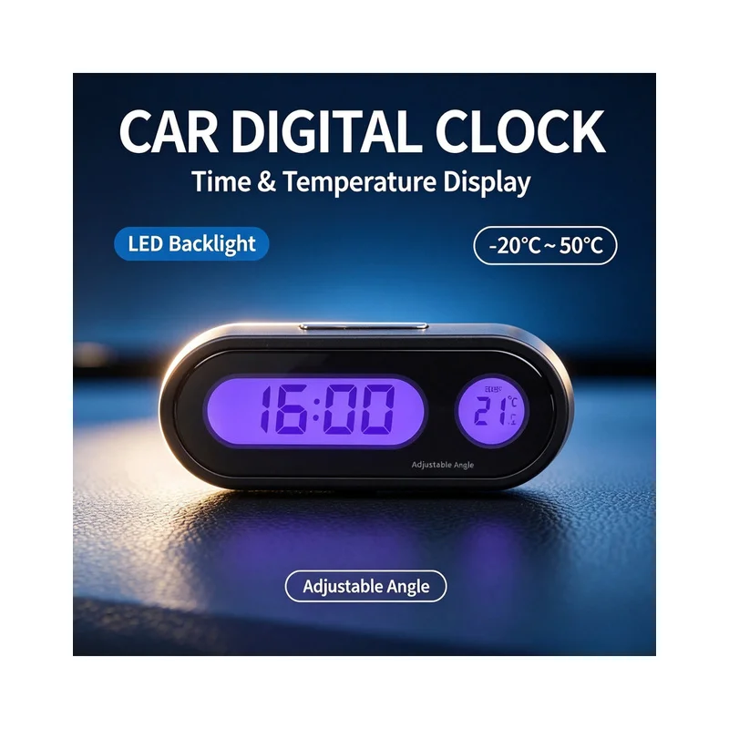 Mini Car Digital Clock LED Backlight Time Temperature Display Adjustable Angle