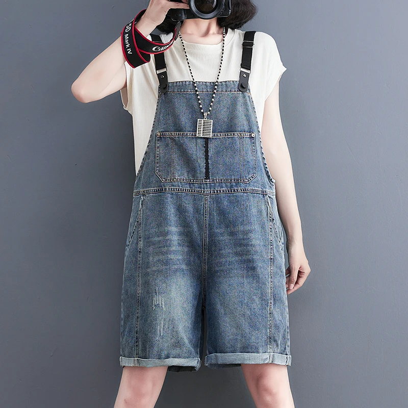 Loose Streetwear Big Size Short Denim Overalls For Women Casual Wide Leg 2022 Summer Ladies Jumpsuits Straps Jeans Cargo Shorts