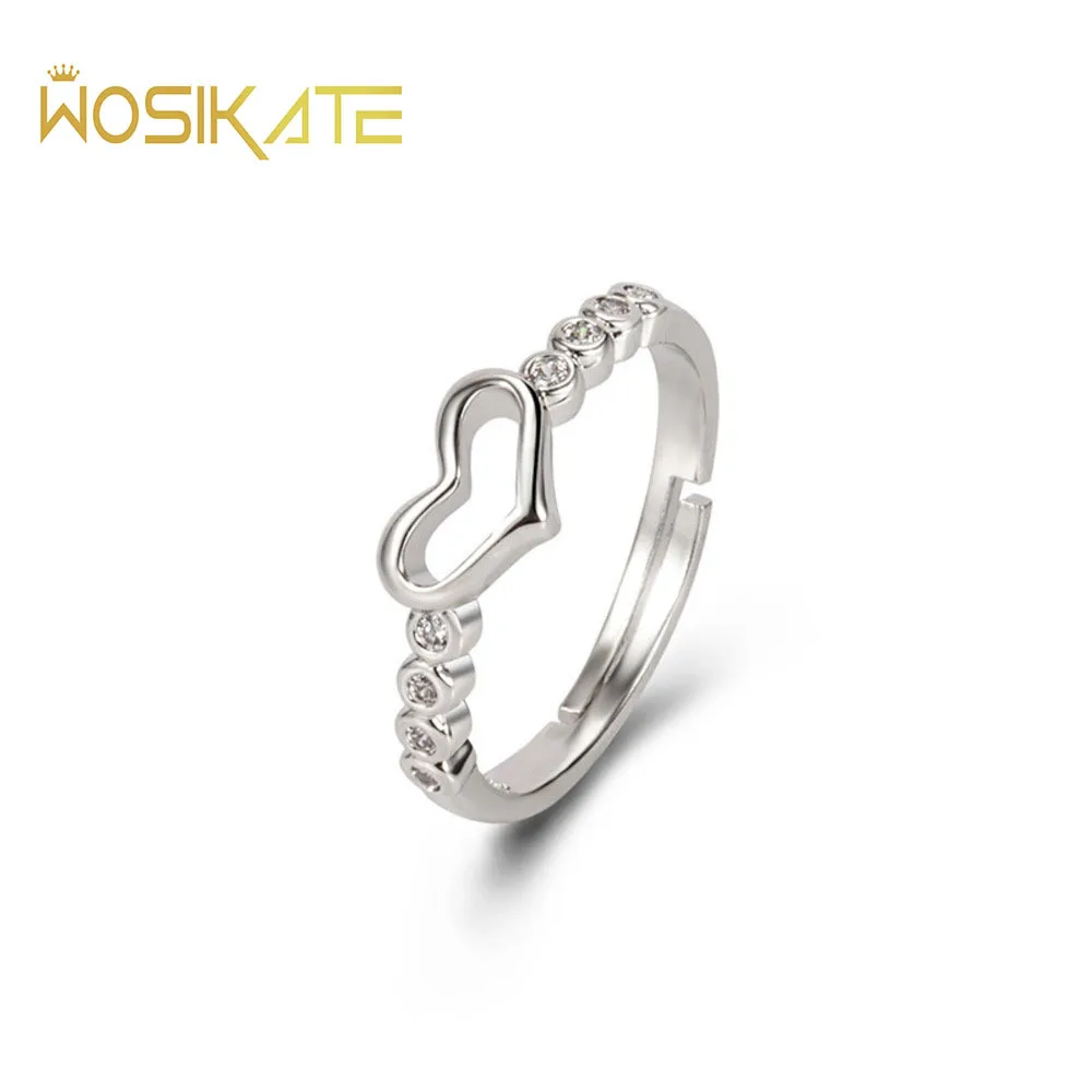 WOSIKATE Korean Love Ring For Women Simple 925 Sterling Silver Fashion Jewellery Heart Shaped Zirconia Adjustable Ring