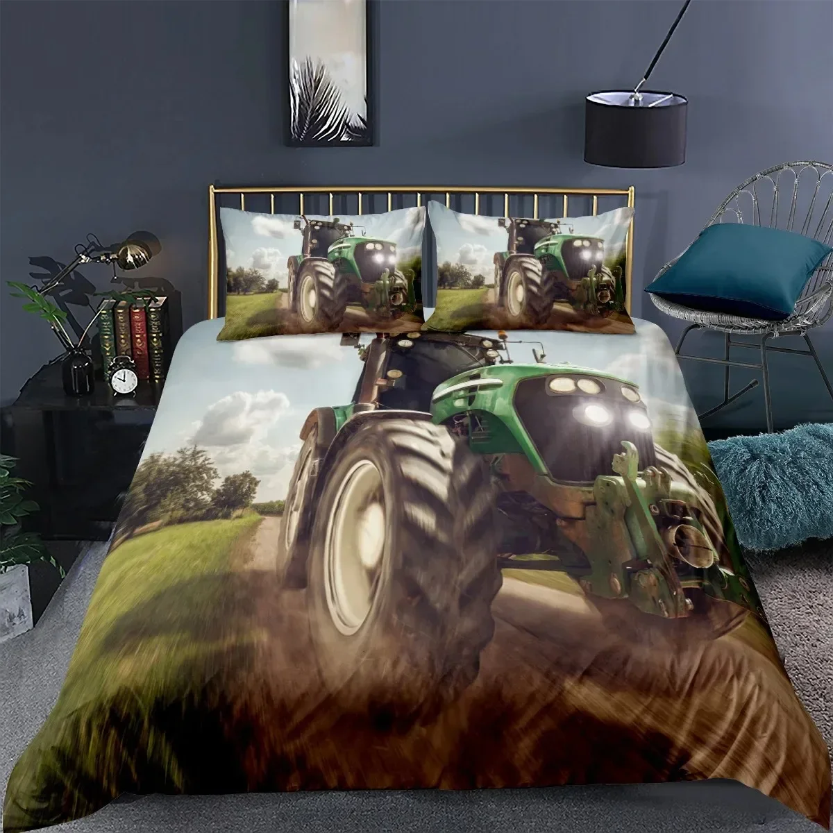 Tractor Kids Duvet Cover,Monster Truck on Farm Pattern Comforter Cover Set Kingqueen Size,Country Boys Hobby Cars Bedding Set