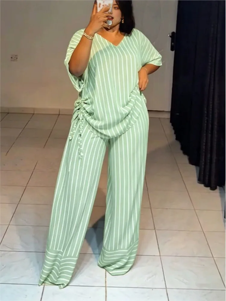 Women's Autumn Simple Color Blocked Striped Print Suit Fashion O- Neck Top+wide Leg Pants Two-piece Set Lady Loose Office Outfit