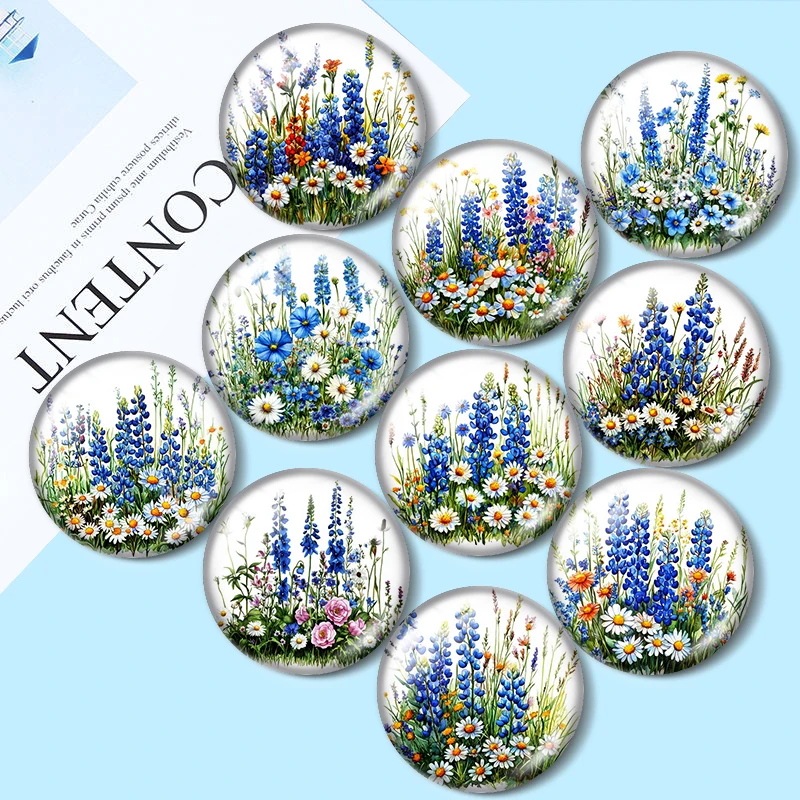 

Blue Wildflowers and Daisies Flowerbed 10pcs 12mm/18mm/20mm/25mm Round photo glass cabochon demo flat back Making findings