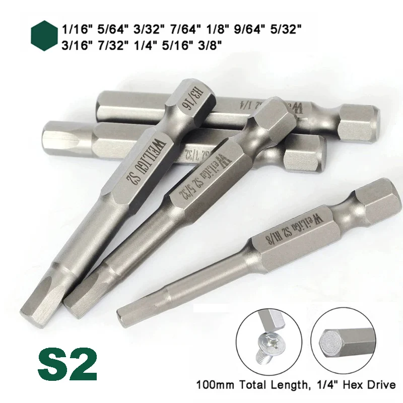 Imperial 100mm Long 1/16 5/64 3/32 7/64 1/8 9/64 5/32 3/16 7/32 1/4 5/16 3/8 Hex Screwdriver Driver Bit 1/4 Hex Shank Magnetic